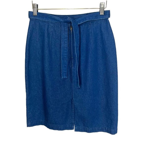 Vintage 90s Blue Denim Straight Short Waist Tie Belt Skirt 6 - Picture 2 of 7